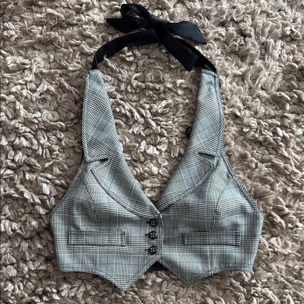 Anna Sui Plaid Halter Vest with Black Ribbon